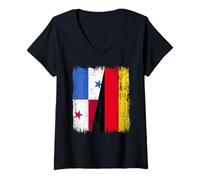 Femme Panama Allemagne Demi-Drapeau Panaméen Patrimoine Allemand T-Shirt avec Col en V