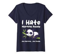 Femme Panda Humoristique « I Hate Morning People » T-Shirt avec Col en V, Bleu Marine, L