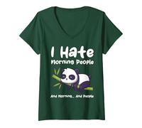 Femme Panda Humoristique « I Hate Morning People » T-Shirt avec Col en V, Vert Forêt, L