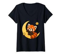 Femme Panda Roux Nuit Étoilée T-Shirt avec Col en V