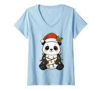 Femme Panda Sapin de Noël Lumières Pyjamas Filles Garçons Noël T-Shirt avec Col en V