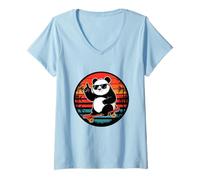 Femme Panda Skater Cool Urban Bamboo Ride Coucher de Soleil T-Shirt avec Col en V