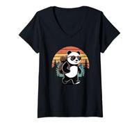 Femme Panda Trekking Sunglasses Retro Outdoor Journey T-Shirt avec Col en V