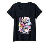 Femme Panneau d'art Graphique Happy Robot Peace Graffiti Pop T-Shirt avec Col en V