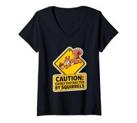 Femme Panneau d'avertissement Amusant avec Inscription « Caution Easily Distracted by écureuils » T-Shirt avec Col en V