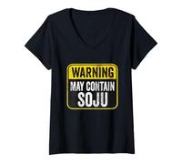 Femme Panneau d'avertissement avec Inscription « May Contain Soju Funny Birthday Caution » T-Shirt avec Col en V