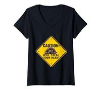 Femme Panneau d'avertissement pour chien Terre-Neuve Cadeau amusant Chiot Newfie T-Shirt avec Col en V