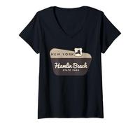 Femme Panneau de Bienvenue et Vacances du Parc d'État de Hamlin Beach à New York T-Shirt avec Col en V