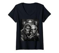 Femme Panneau de Paix drôle Bigfoot et Alien Selfie OVNI T-Shirt avec Col en V