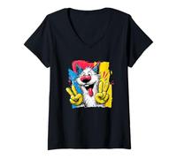 Femme Panneau Graphique à caractère Pop rétro en Forme de Chien, Double Peace, Dessin animé T-Shirt avec Col en V