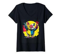 Femme Panneau Graphique Amusant avec Personnage Pop rétro Pig Double Peace T-Shirt avec Col en V