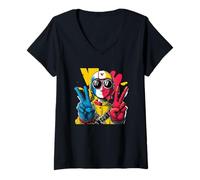 Femme Panneau Graphique Aviator Double Peace Retro Pop Pilot Amusant T-Shirt avec Col en V