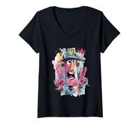 Femme Panneau Graphique Robot Double Peace Graffiti Pop Character T-Shirt avec Col en V