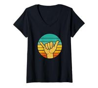Femme Panneau rétro Shaka/Surf : Style Surfeur Vintage Cool T-Shirt avec Col en V