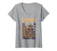 Femme Panorama Nocturne d'Osaka, pagode, château et Tours Modernes T-Shirt avec Col en V