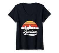 Femme Panorama rétro de Trenton City, Coucher de Soleil rétro, New Jersey Pride T-Shirt avec Col en V