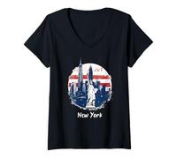 Femme Panorama Urbain du Centre-Ville de New York, Statue de la Liberté, New York T-Shirt avec Col en V