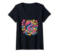 Femme Pansexual Japanese Dragon Pan Pride Flag Colors Floral T-Shirt avec Col en V