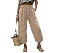 Femme Pantacourt D'été Coton et Lin,Pantalons Fluide Été Plissé Taille Elastique Décontracté Pantalon 7/8 avec Cordon de Serrage Réglable Poche Harem Respirant Couleur Unie LâChe Respirant Quotidien