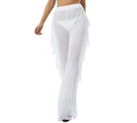 Femme Pantalon à Volant en Maille Transparente, Bas de Bikini Pantalon Large Taille Haute Jambes Larges Maillot Bain Loisirs Fête (FR/ES, Alpha/Lettres, TTG, Taille Normale, Taille Normale, Blanc)