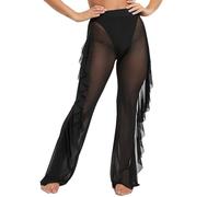 Femme Pantalon à Volant en Maille Transparente, Bas de Bikini Pantalon Large Taille Haute Jambes Larges Maillot Bain Loisirs Fête (FR/ES, Alpha/Lettres, TTG, Taille Normale, Taille Normale, Noir)