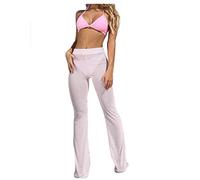 Femme Pantalon de Plage Transparent Sexy en Maille Loose Pantalon Taille Haute Erotiques Bikini Couvrir Pantalon Jambe Large Fendu Été Beachwear (Blanc, S)
