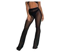 Femme Pantalon de Plage Transparent Sexy en Maille Loose Pantalon Taille Haute Erotiques Bikini Couvrir Pantalon Jambe Large Fendu Été Beachwear (Noir, XL)