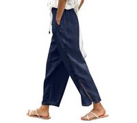 Femme Pantalon Femme Été Coton 7/8 Pantalons Taille Haute Elastique Décontractée Pantacourt à Boutons Décoratifs Léger Solide Couleur de Plage Large avec Poches