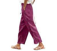 Femme Pantalon Femme Été Coton 7/8 Pantalons Taille Haute Elastique Décontractée Pantacourt à Boutons Décoratifs Léger Solide Couleur de Plage Large avec Poches