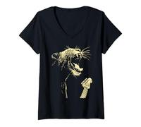 Femme Panthère avec Guitare Rocker Guitariste Animal Punk Rock Grunge T-Shirt avec Col en V