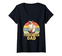 Femme Papa de Chat tonkinois rétro et drôle, J'aime Mes Chats tonkinois T-Shirt avec Col en V