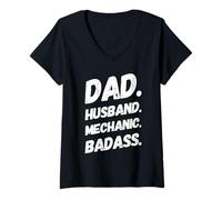 Femme Papa, Mari, mécanicien, Badass, réparation de Voiture, Garage, mécanicien Automobile T-Shirt avec Col en V
