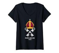 Femme Pape Léon XIV 2025 Clés Papales Commémoration T-Shirt avec Col en V