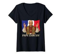 Femme Pape Léon XIV Drapeau de la France Cardinal Robert Prevost T-Shirt avec Col en V