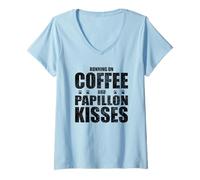 Femme Papillon Chien Dire Café et Papillon Love Chien Propriétaire T-Shirt avec Col en V