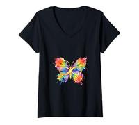 Femme Papillon Infinity doré pour autisme et Arc-en-Ciel T-Shirt avec Col en V