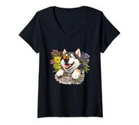 Femme Papillon monarque, Chien Husky et Fleurs indigènes T-Shirt avec Col en V