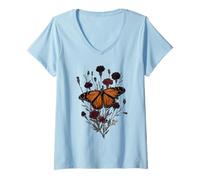 Femme Papillon monarque T-Shirt avec Col en V