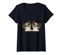 Femme Papillon Race Deux Chiens Papillon Mignon T-Shirt avec Col en V
