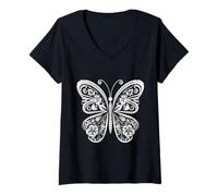 Femme Papillon Tatouage Tribal Ethnique T-Shirt avec Col en V