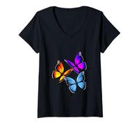 Femme Papillons bleus violets et oranges T-Shirt avec Col en V