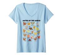 Femme Papillons De Nuit du Monde Kawaii Chart Entomologie T-Shirt avec Col en V