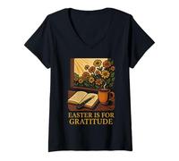 Femme Pâques, C'est pour la Gratitude, Une matinée Florale et Calme T-Shirt avec Col en V