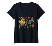 Femme Pâques Rétro Happy Easter Poussin Fleurs Style rétro T-Shirt avec Col en V
