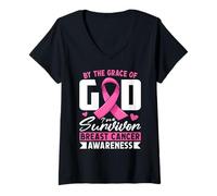Femme par la grâce de Dieu, Je suis Une survivante Sensibilisation au Cancer du Sein T-Shirt avec Col en V