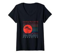 Femme Paradis hawaïen Coucher de Soleil Style rétro T-Shirt avec Col en V