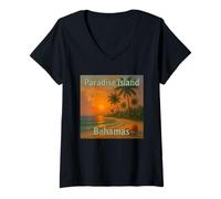 Femme Paradis Tropical et île Coucher du Soleil sur la Plage T-Shirt avec Col en V