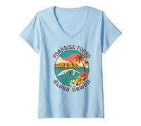 Femme Paradise Found Aloha Hawaii Surf Wave Tropical Island Coucher de Soleil T-Shirt avec Col en V