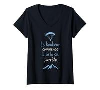 Femme Parapente Humour : Le Bonheur Commence T-Shirt avec Col en V