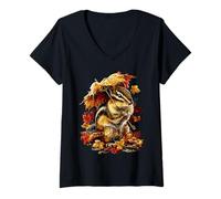 Femme Parapluie Mignon avec Feuilles d'automne Esthétique d'automne T-Shirt avec Col en V